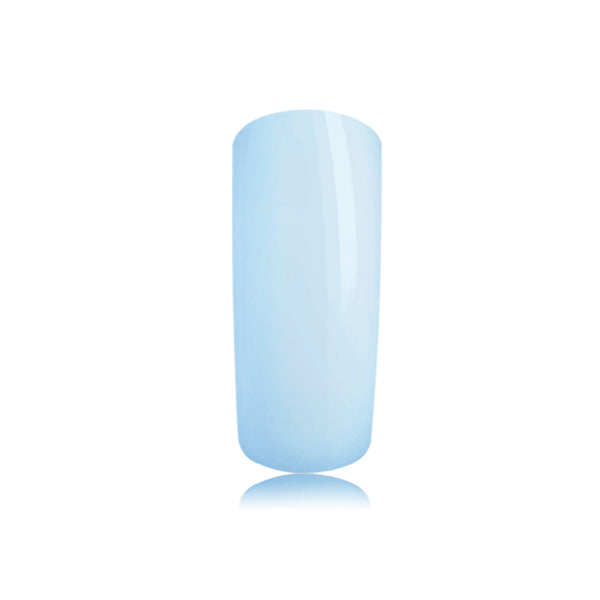 Foto di unghia dipinta con Smalto UV-LED semipermanente colore azzurro Ice Blue con sfondo bianco, marchio SNC Super Nail Center