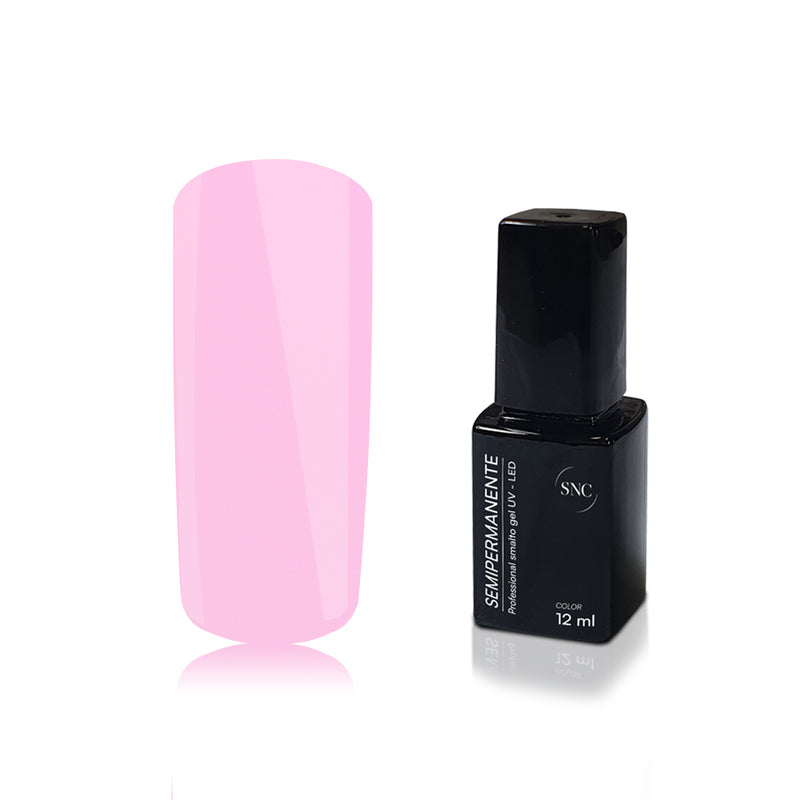 Foto di Smalto UV-LED semipermanente colore Peony Pink rosa pastello con sfondo bianco, marchio SNC Super Nail Center