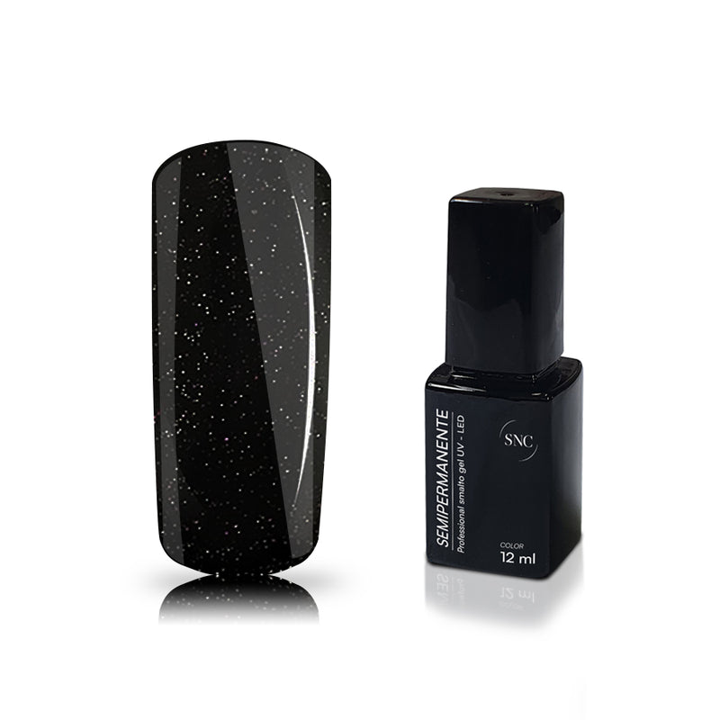 Foto di Smalto UV-LED semipermanente polishgel colore Pearly Black con sfondo bianco, marchio SNC Super Nail Center