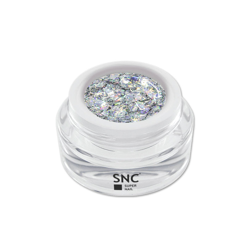 Foto di crisp color gel argento in barattolino di vetro da 5ml con sfondo bianco, marchio SNC Super Nail Center