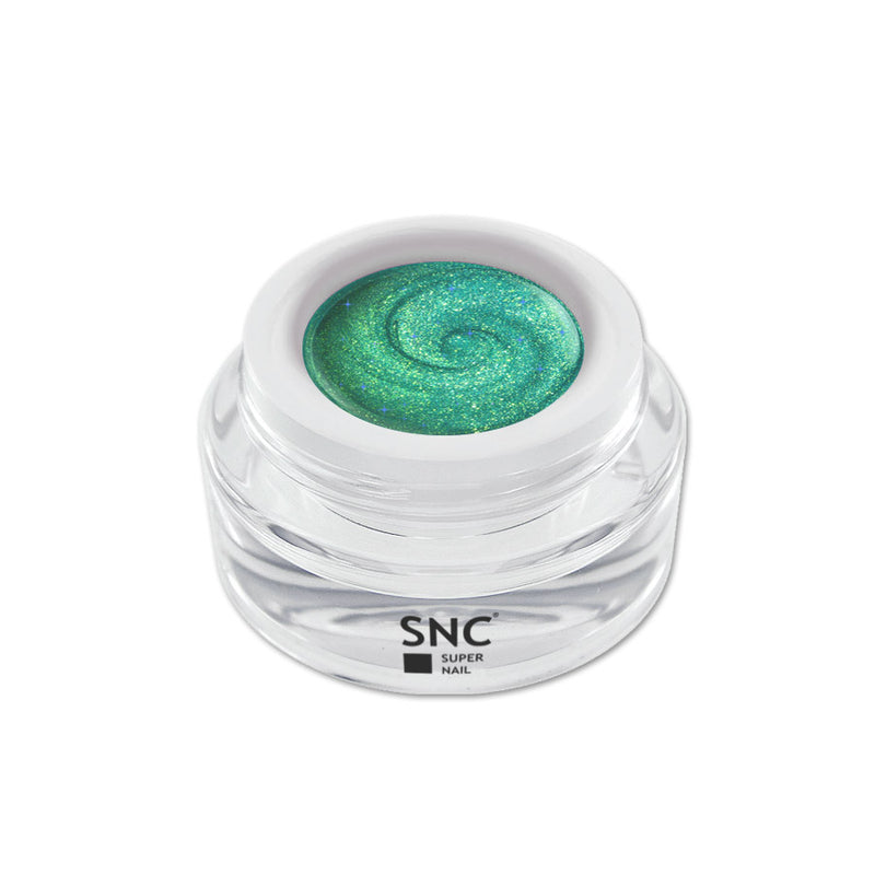 Foto di glimmer color gel Green Lake in barattolino di vetro da 5ml con sfondo bianco, marchio SNC Super Nail Center