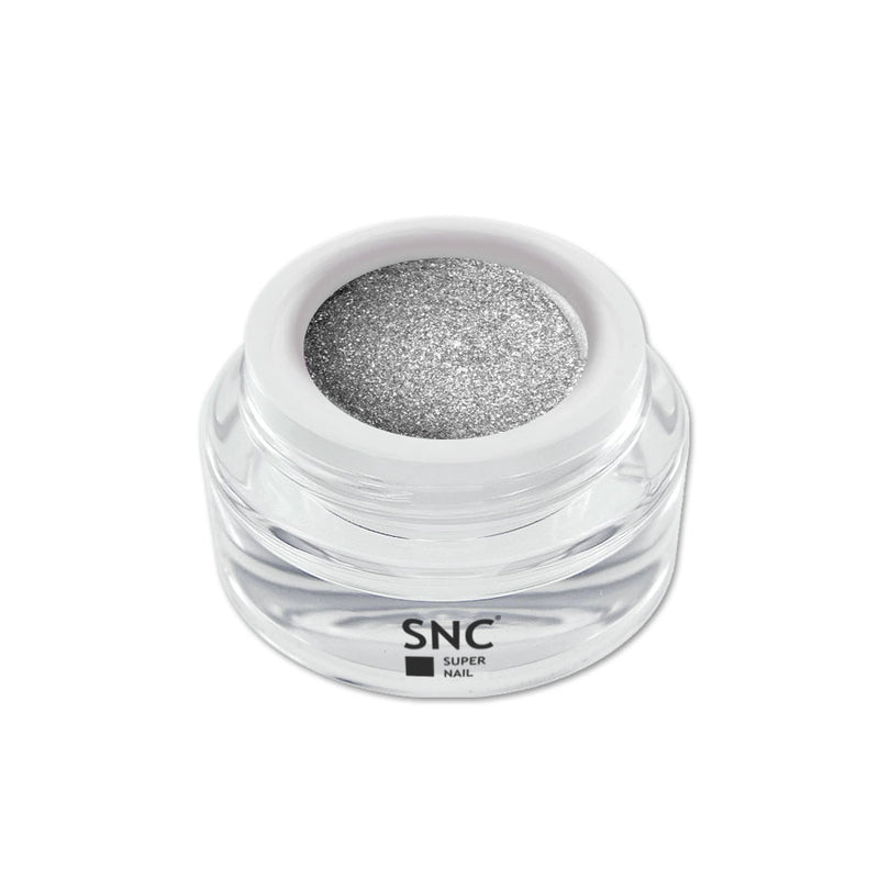 Foto di glitter color gel Argento in barattolino di vetro da 5ml con sfondo bianco, marchio SNC Super Nail Center
