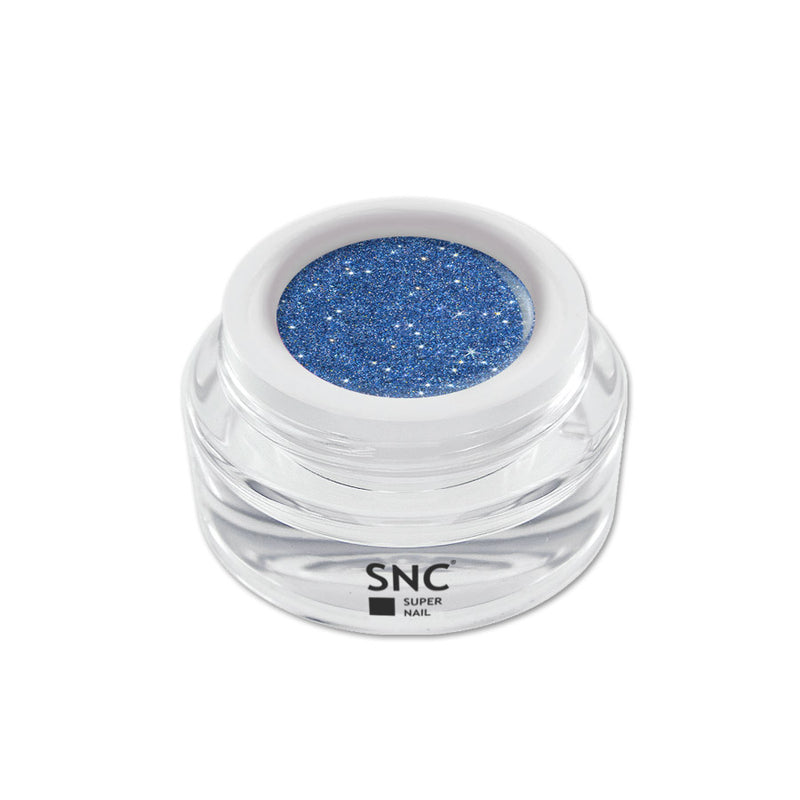 Foto di glitter color gel New Indaco in barattolino di vetro da 5ml con sfondo bianco, marchio SNC Super Nail Center