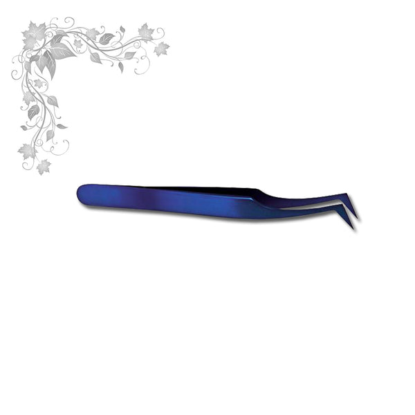 Foto di pinza blu ad L a becco largo per volume in acciaio inox con sfondo bianco, marchio My Lash Pro e SNC Super Nail Center