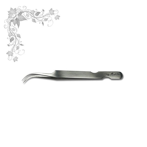 Foto di pinza curva in acciaio inox con sfondo bianco, marchio My Lash Pro e SNC Super Nail Center