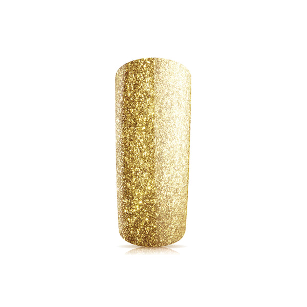 Foto di unghia dipinta con Smalto UV-LED semipermanente Extreme lack colore Glitter Gold con sfondo bianco, marchio SNC Super Nail Center