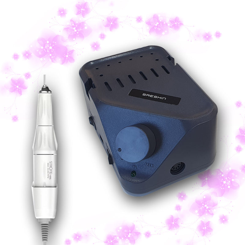 micromotore professionale per unghie STRONG B350 nero con manipolo bianco frese e punte professionali per onicotecnica, marchio SNC Super Nail Center