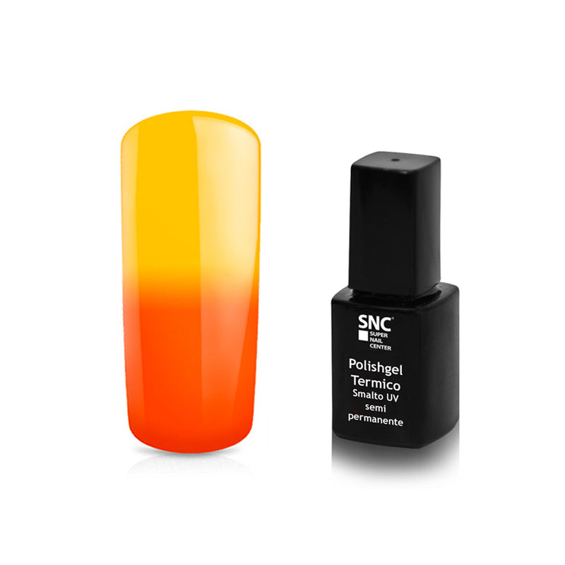 Foto di Smalto UV /LED semipermanente termico colore Giallo-Arancio con sfondo bianco, marchio SNC Super Nail Center