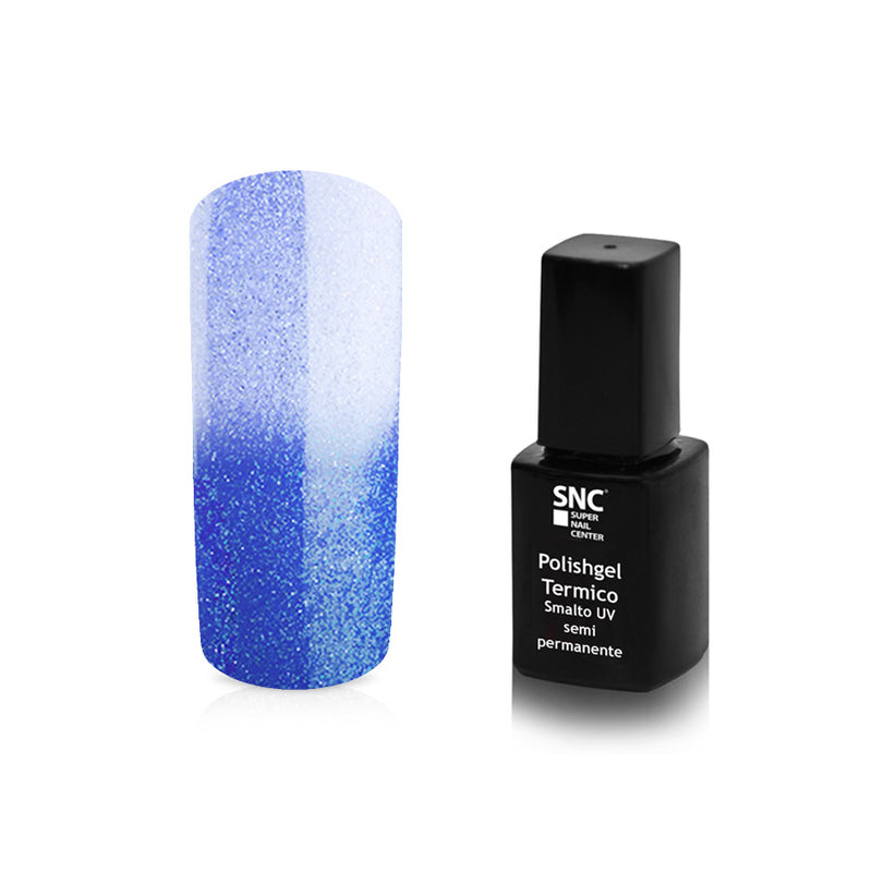 Foto di Smalto Termico UV/LED semipermanente colore Blu-Azzurro Metal con sfondo bianco, marchio SNC Super Nail Center