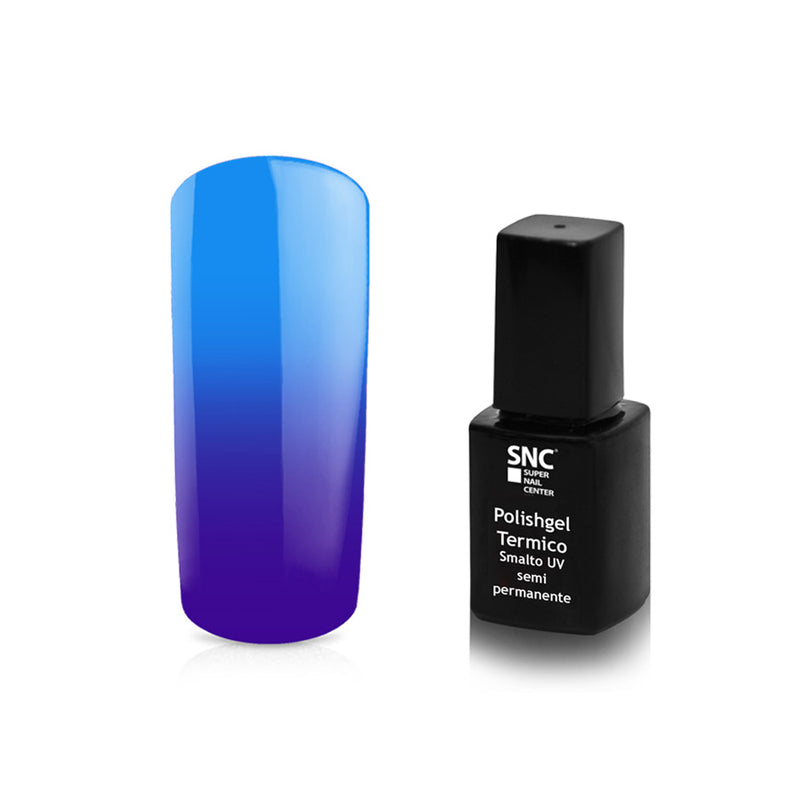 Foto di Smalto UV/LED semipermanente termico colore Viola-Blu con sfondo bianco, marchio SNC Super Nail Center