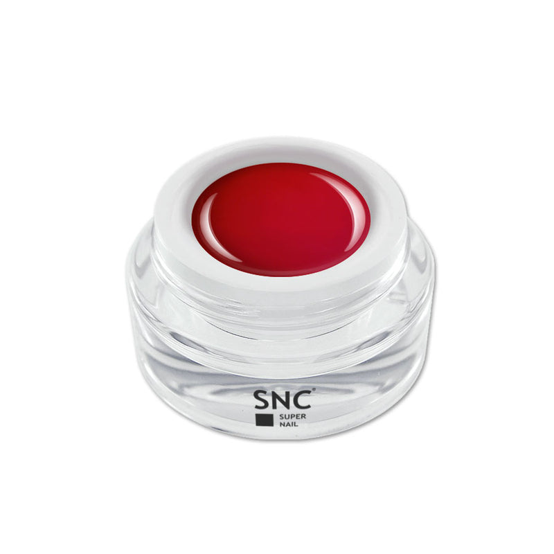 Foto di color gel Rosso Inferno in barattolino di vetro da 5ml con sfondo bianco, marchio SNC Super Nail Center