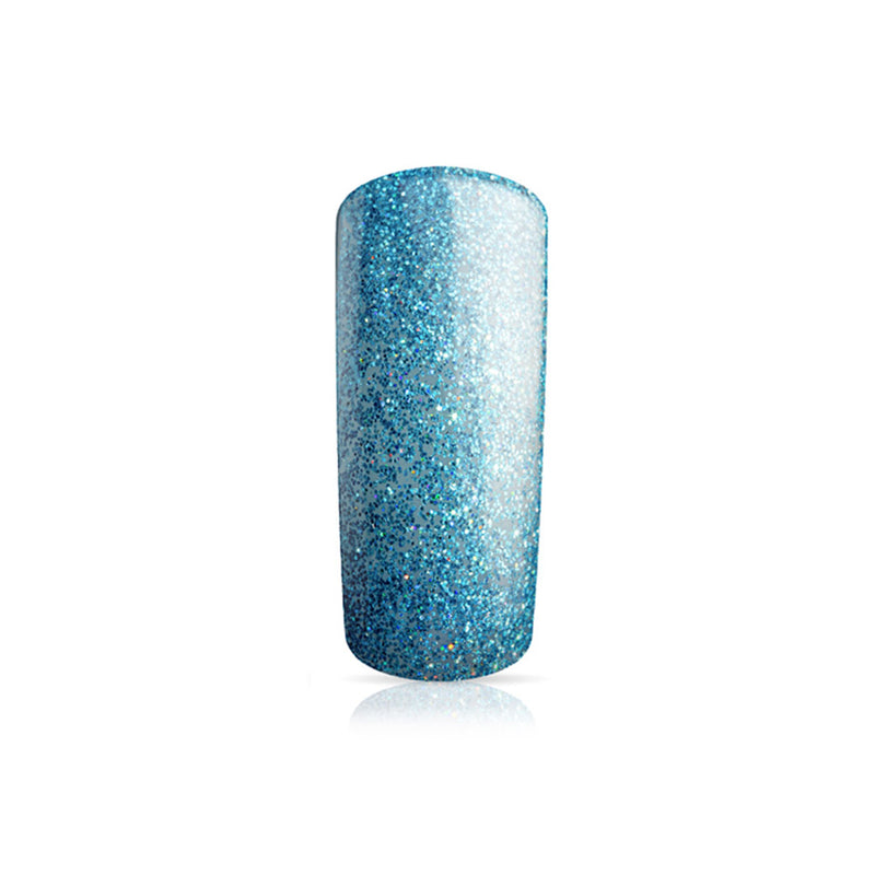 Foto di unghia dipinta con Smalto UV-LED semipermanente Extreme lack colore Glitter Caraibi, azzurro glitterato, con sfondo bianco, marchio SNC Super Nail Center