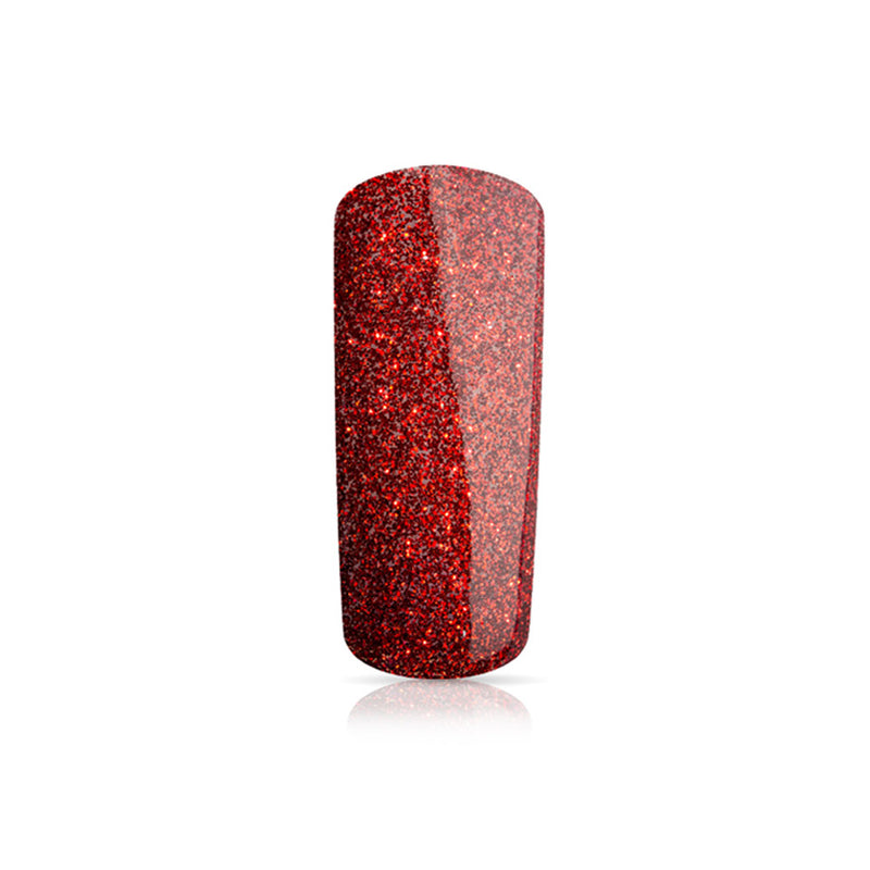 Foto di unghia dipinta con Smalto UV-LED semipermanente Extreme lack colore Glitter Rosso con sfondo bianco, marchio SNC Super Nail Center