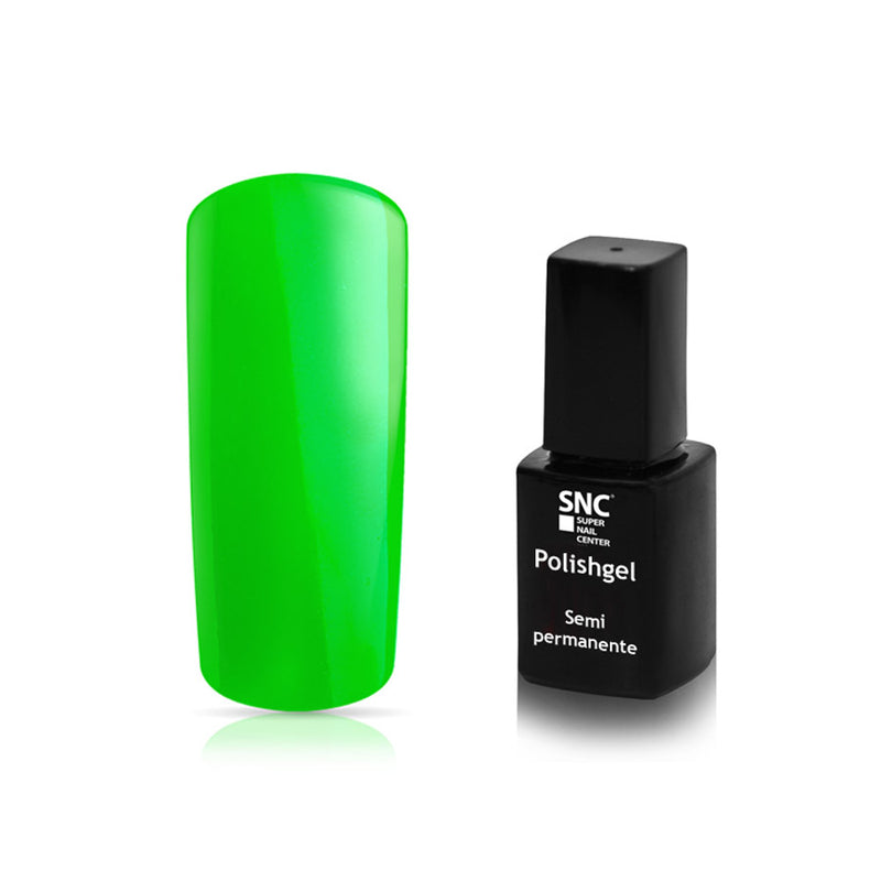 Foto di Smalto UV-LED semipermanente polishgel colore Neon verde con sfondo bianco, marchio SNC Super Nail Center