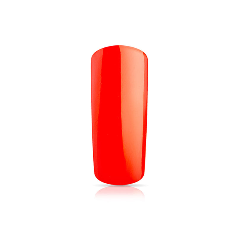 Foto di unghia dipinta con Smalto UV-LED semipermanente Extreme lack colore Neon Rosso, rosso fluo con sfondo bianco, marchio SNC Super Nail Center