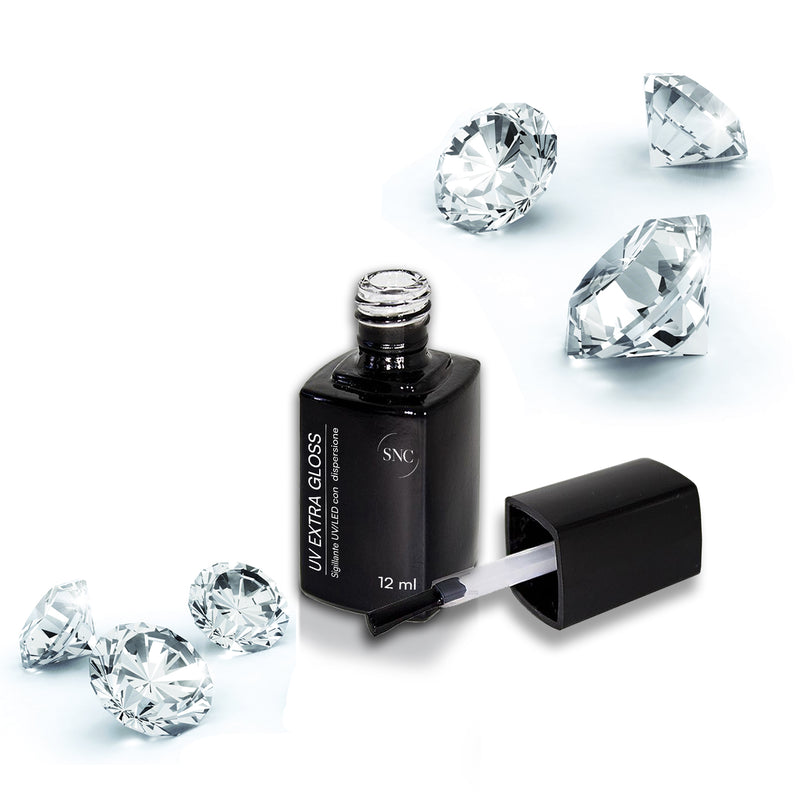 Foto di finish lucido finale uv led extra gloss con dispersione con sfondo bianco, marchio SNC Super Nail Center
