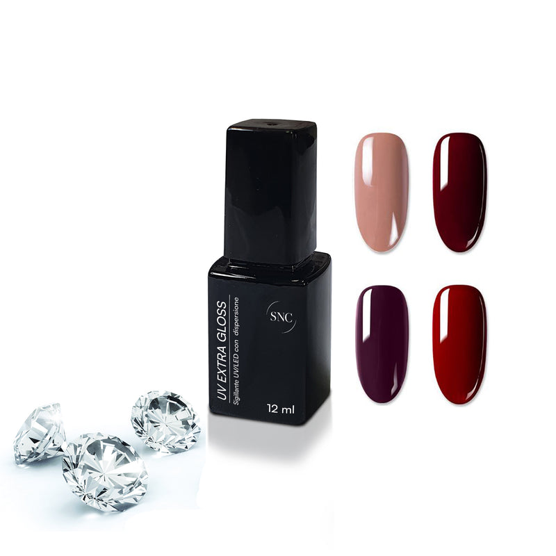 Foto di finish lucido finale uv led extra gloss con dispersione con sfondo bianco, marchio SNC Super Nail Center