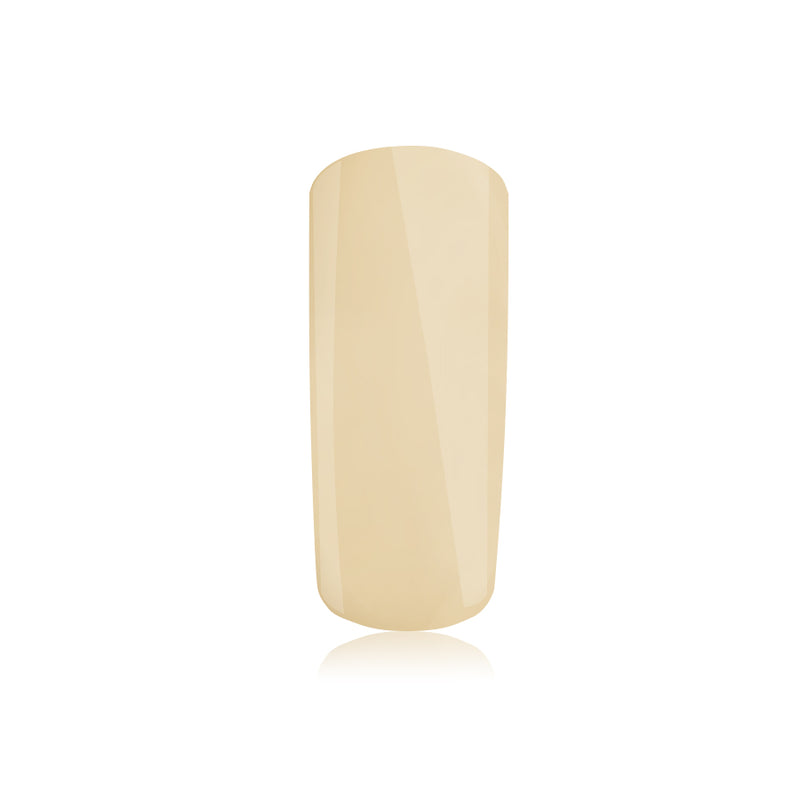 Foto di unghia dipinta con Smalto UV-LED semipermanente colore Vanilla beige con sfondo bianco, marchio SNC Super Nail Center