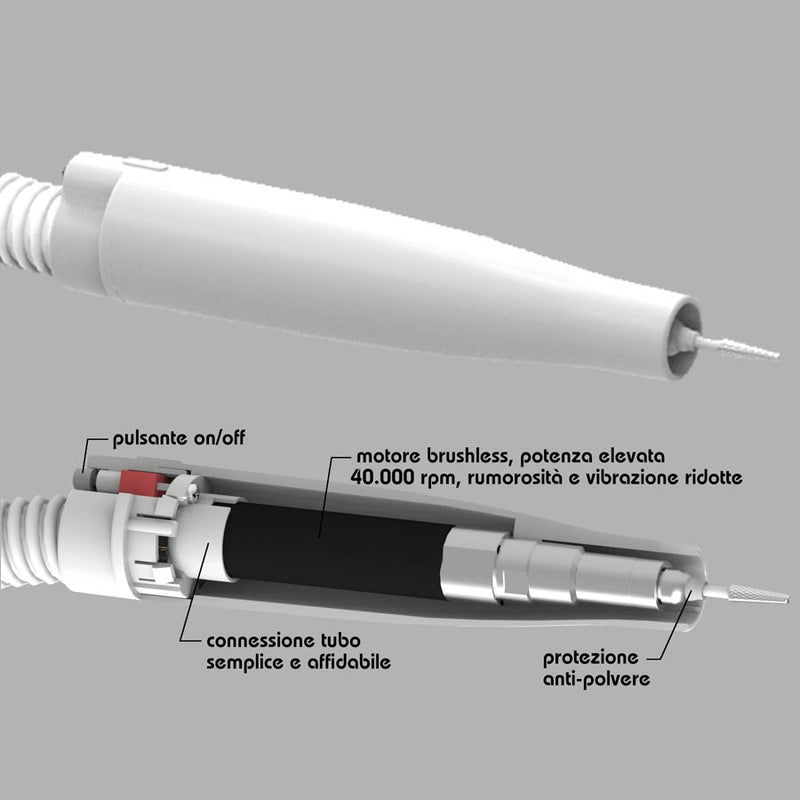 Manipolo interno ed esterno FRESA ASPIRANTE VORTIX 3 - 40.000 GIRI per ricostruzione unghie, frese e punte professionali per onicotecnica, marchio SNC Super Nail Center