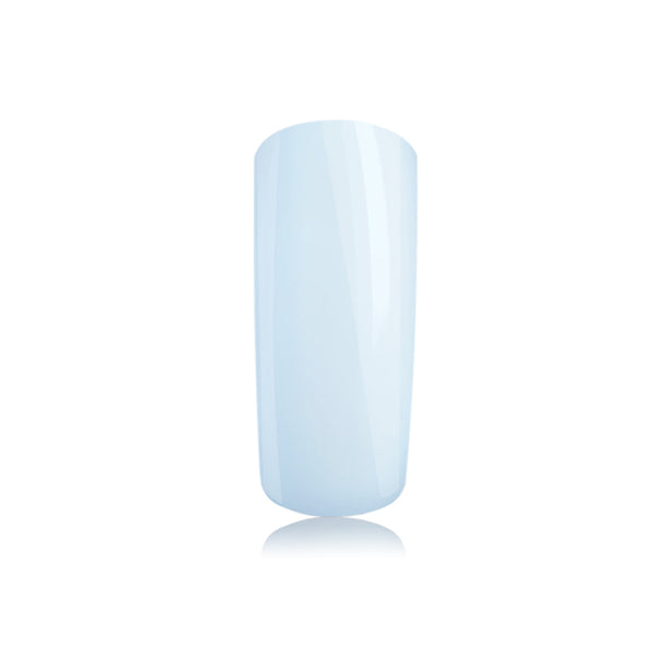 Foto di unghia dipinta con Smalto UV-LED semipermanente colore azzurro Baby Blue con sfondo bianco, marchio SNC Super Nail Center