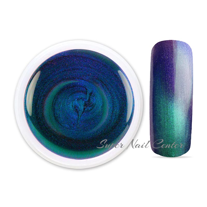 Foto di effekt color gel Verde Viola in barattolino di vetro da 5ml e esempio di unghia con sfondo bianco, marchio SNC Super Nail Center
