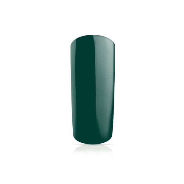 Foto di unghia dipinta con Smalto UV-LED semipermanente Extreme lack colore Evergreen, verde bottiglia lievemente glitterato, con sfondo bianco, marchio SNC Super Nail Center