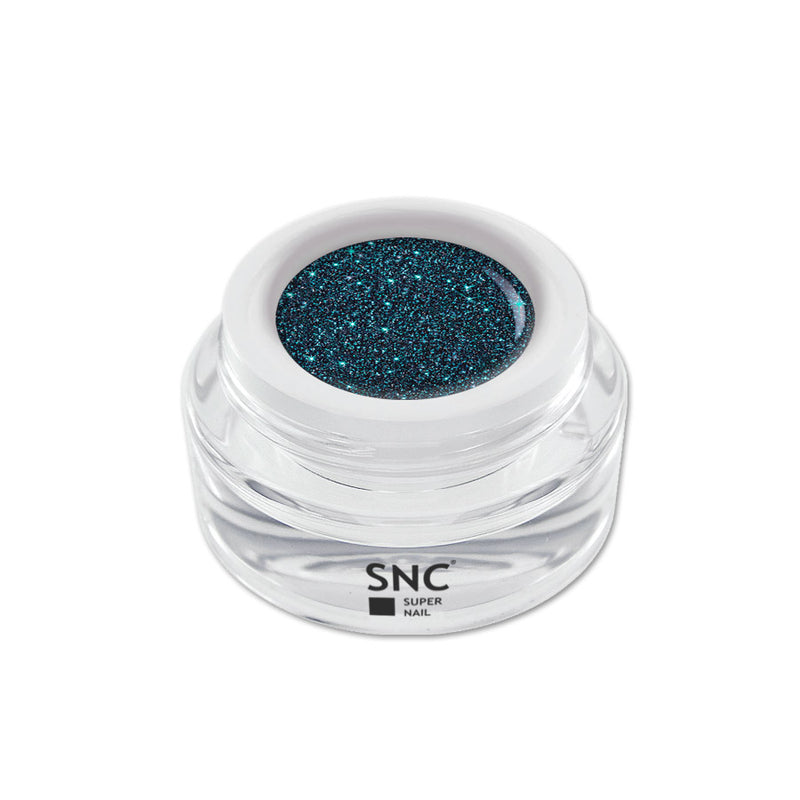 Foto di glitter color gel New Petrolio in barattolino di vetro da 5ml con sfondo bianco, marchio SNC Super Nail Center