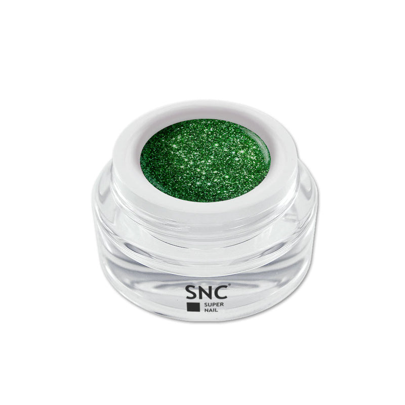 Foto di glitter color gel Verde in barattolino di vetro da 5ml con sfondo bianco, marchio SNC Super Nail Center