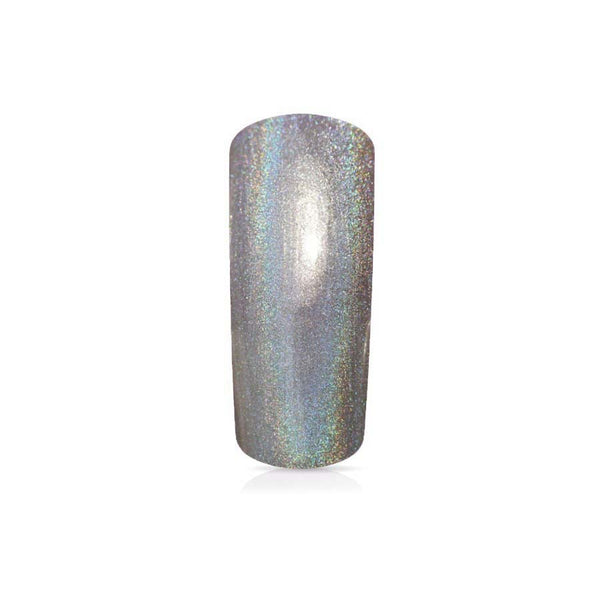 Foto di unghia dipinta con Smalto UV-LED semipermanente Extreme lack colore Holographic Silver con sfondo bianco, marchio SNC Super Nail Center