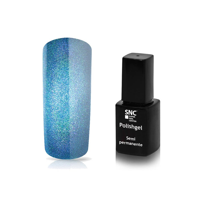 Foto di Smalto UV-LED semipermanente Extreme lack colore azzurro olografico iridescente Holographic Sea con sfondo bianco, marchio SNC Super Nail Center