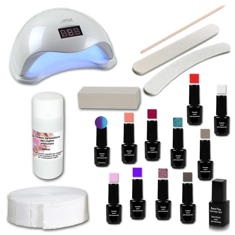 Foto di KIT SEMIPERMANENTI LED/UV DA 5ML CON LAMPADA LED/UV con sfondo bianco, marchio SNC Super Nail Center