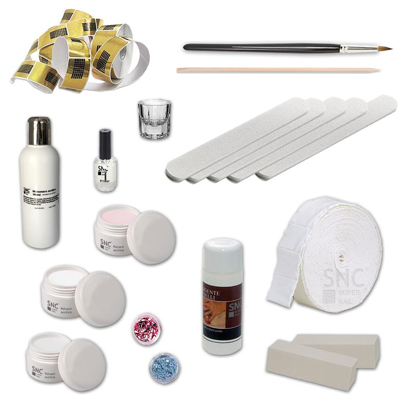 Foto di kit completo per ricostruzione unghie in acrilico con sfondo bianco, marchio SNC Super Nail Center