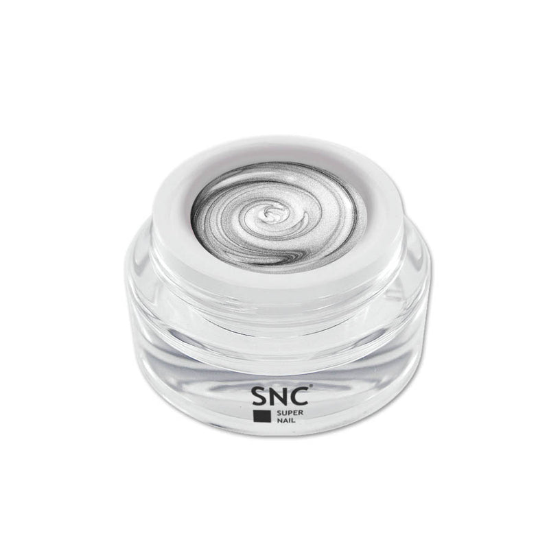 Foto di metallic color gel Argento in barattolino di vetro da 5ml con sfondo bianco, marchio SNC Super Nail Center