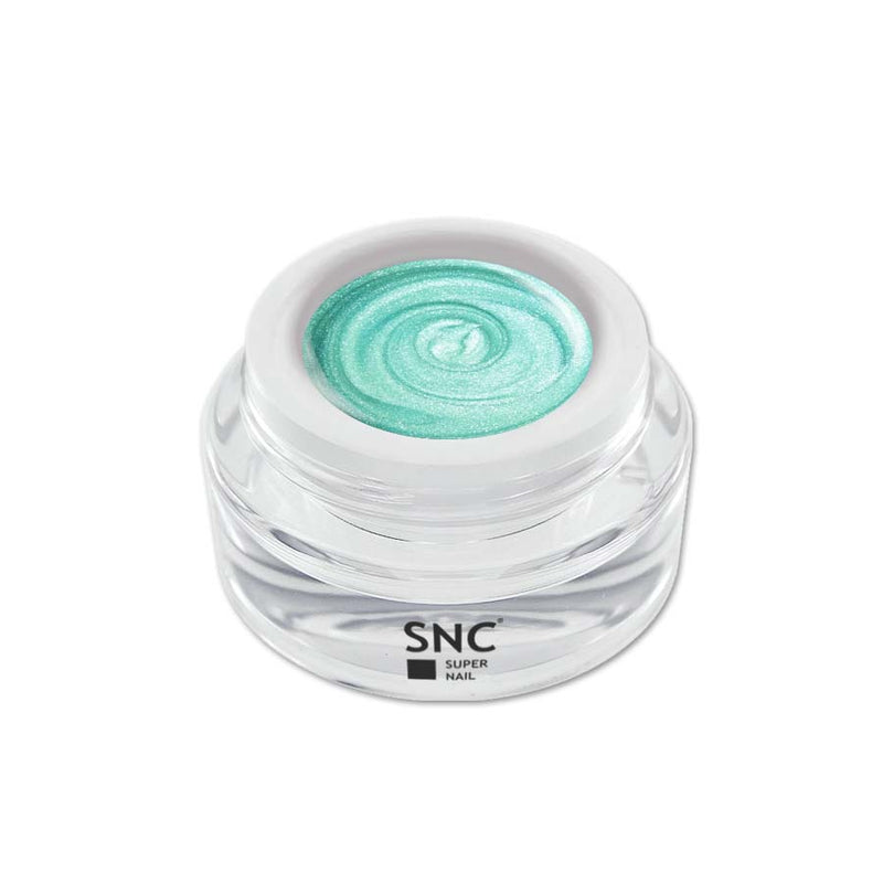Foto di metallic color gel Turquoise Lumière in barattolino di vetro da 5ml con sfondo bianco, marchio SNC Super Nail Center