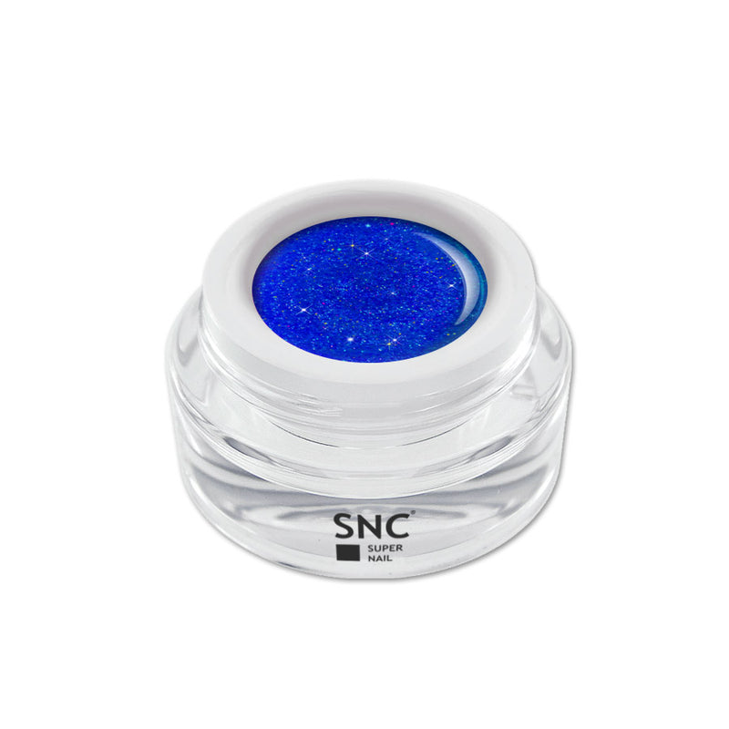 Foto di glitter color gel neon pixie blu in barattolino di vetro da 5ml con sfondo bianco, marchio SNC Super Nail Center
