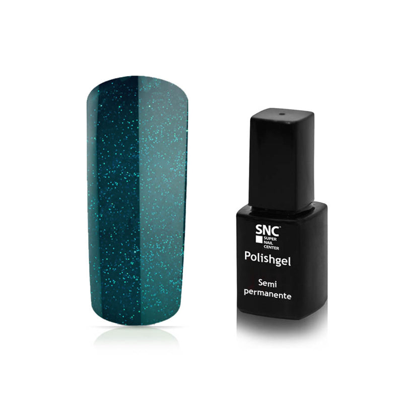 Foto di Smalto UV-LED semipermanente Extreme lack colore Pearly Dark Green, verde bottiglia lievemente glitterato, con sfondo bianco, marchio SNC Super Nail Center