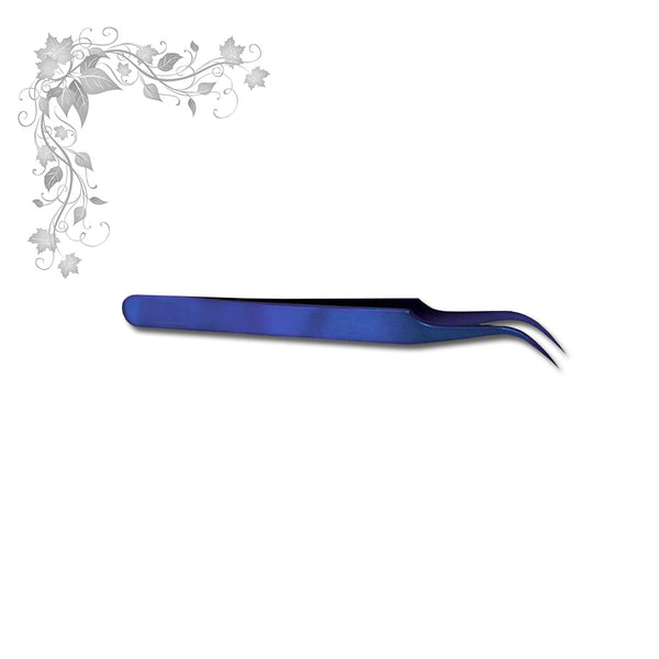 Foto di pinza blu a curva a becco sottile per volume in acciaio inox con sfondo bianco, marchio My Lash Pro e SNC Super Nail Center