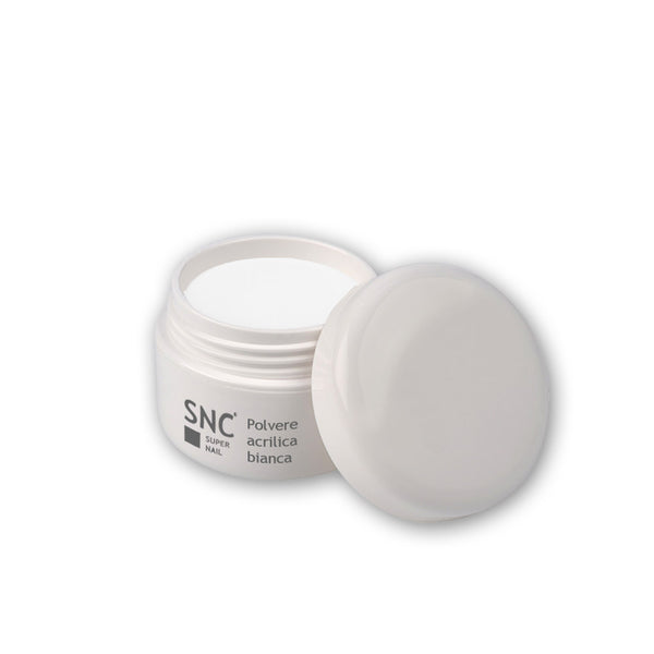 Foto di polvere acrilica bianco gesso da 10 grammi con sfondo bianco, marchio SNC Super Nail Center