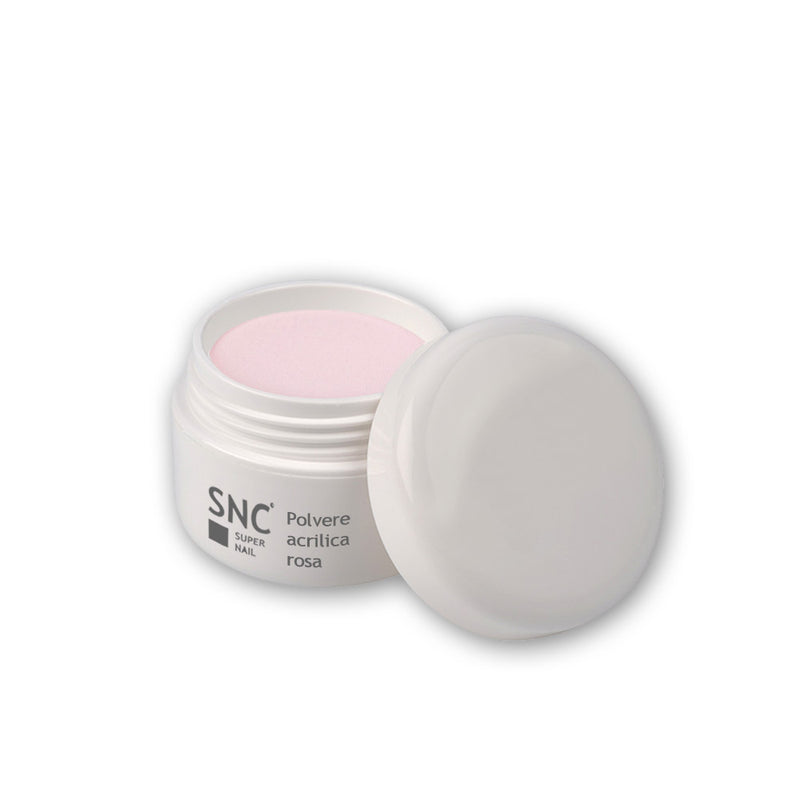 Foto di polvere acrilica rosata da 10 grammi con sfondo bianco, marchio SNC Super Nail Centerdo bianco, marchio SNC Super Nail Center