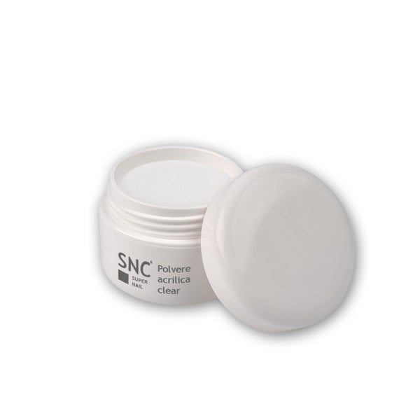 Foto di polvere acrilica trasparente da 10 grammi con sfondo bianco, marchio SNC Super Nail Center